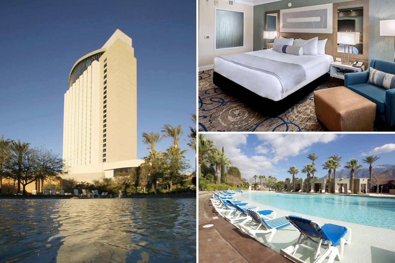 a collage of three photos: view of the exterior of the hotel, bedroom, and outdoor pool