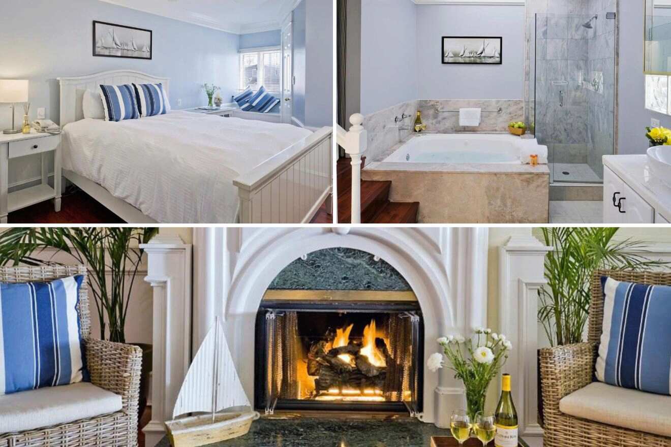 collage of 3 images with a fireplace area, bedroom and bathroom