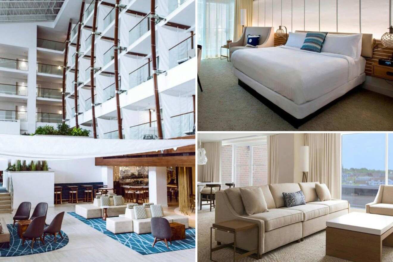 a collage of three photos: hotel lounge area, bedroom, and living room