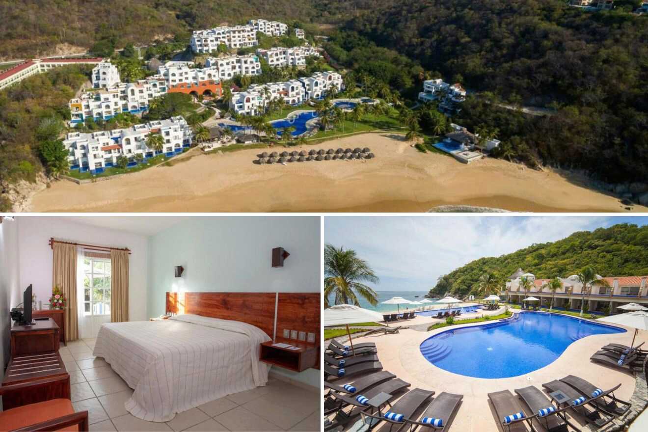 a collage of three photos: aerial view of the hotel at the beach, bedroom, and outdoor pool