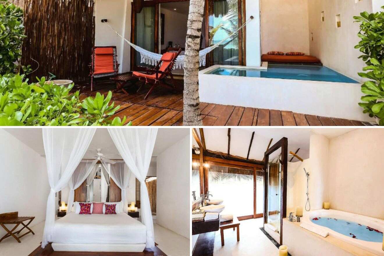 a collage of three photos: view of the private pool on the terrace, bedroom, and bathroom with a bath