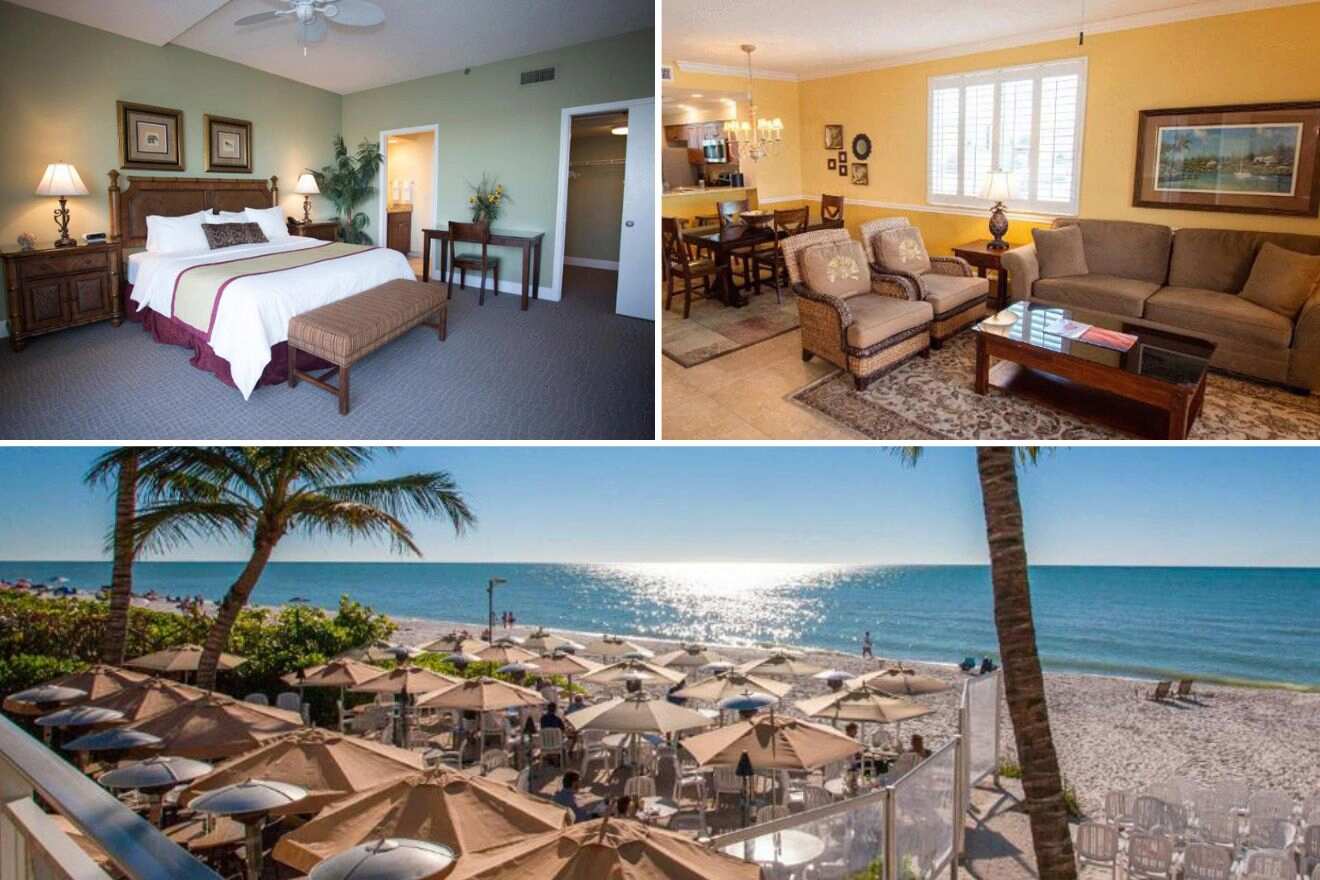 collage of 3 images with a bedroom, beachfront view, and terrace