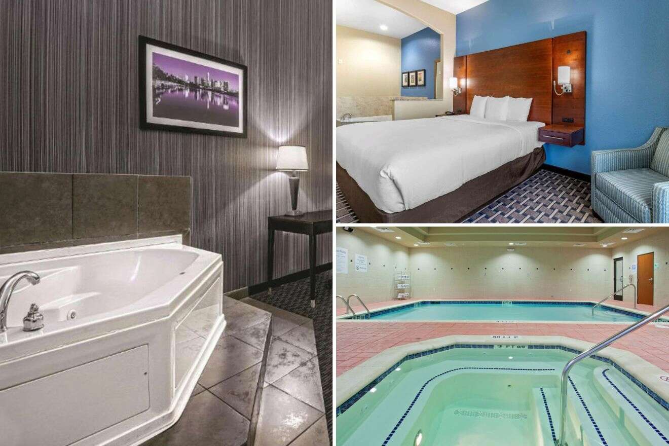 collage of 3 images with a swimming pool, jacuzzi in room, and a bedroom