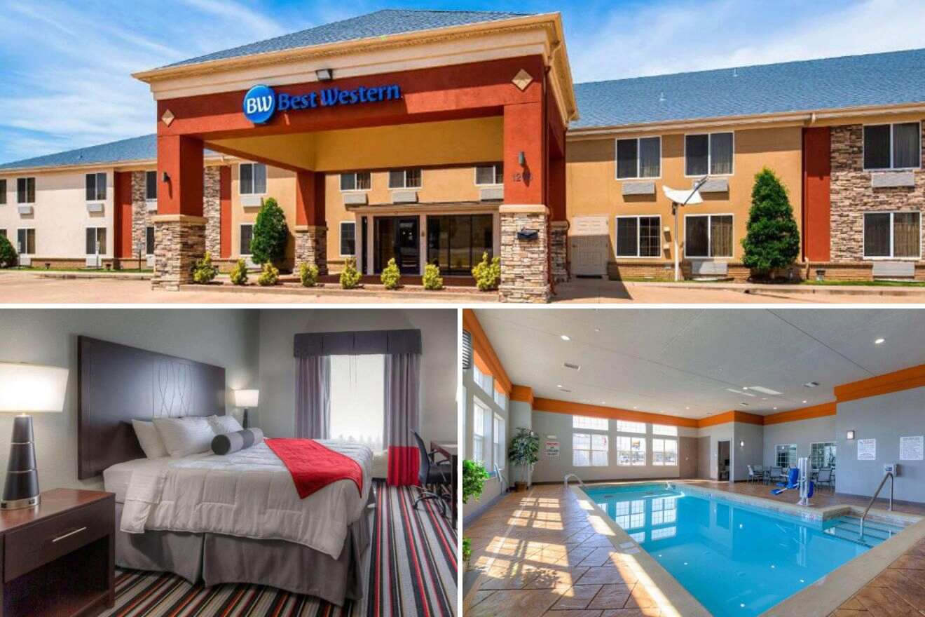 A collage of three photos: view of the hotel exterior, bedroom, and indoor pool
