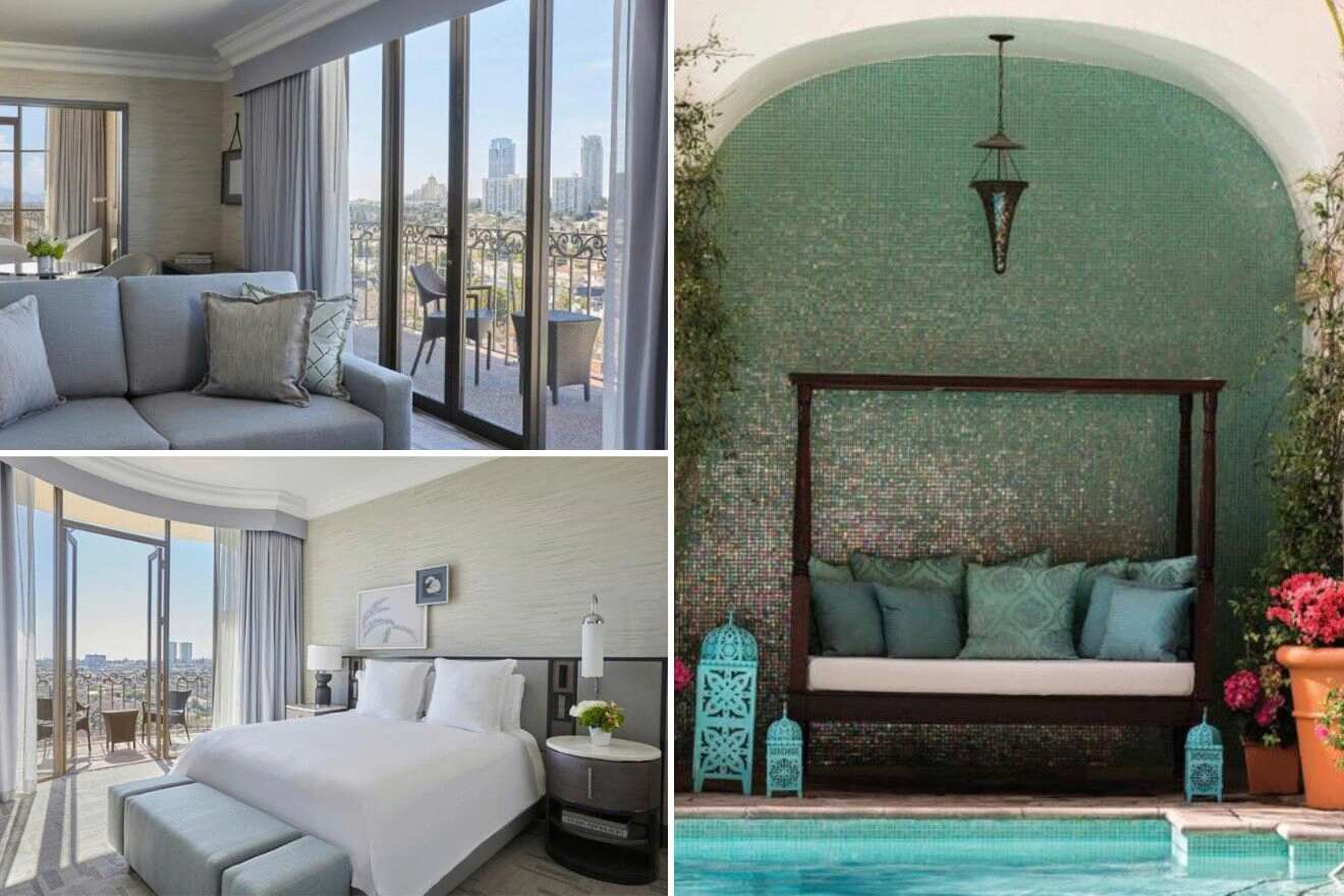 Collage of three hotel pictures: living room with view, bedroom, and outdoor seating area by pool