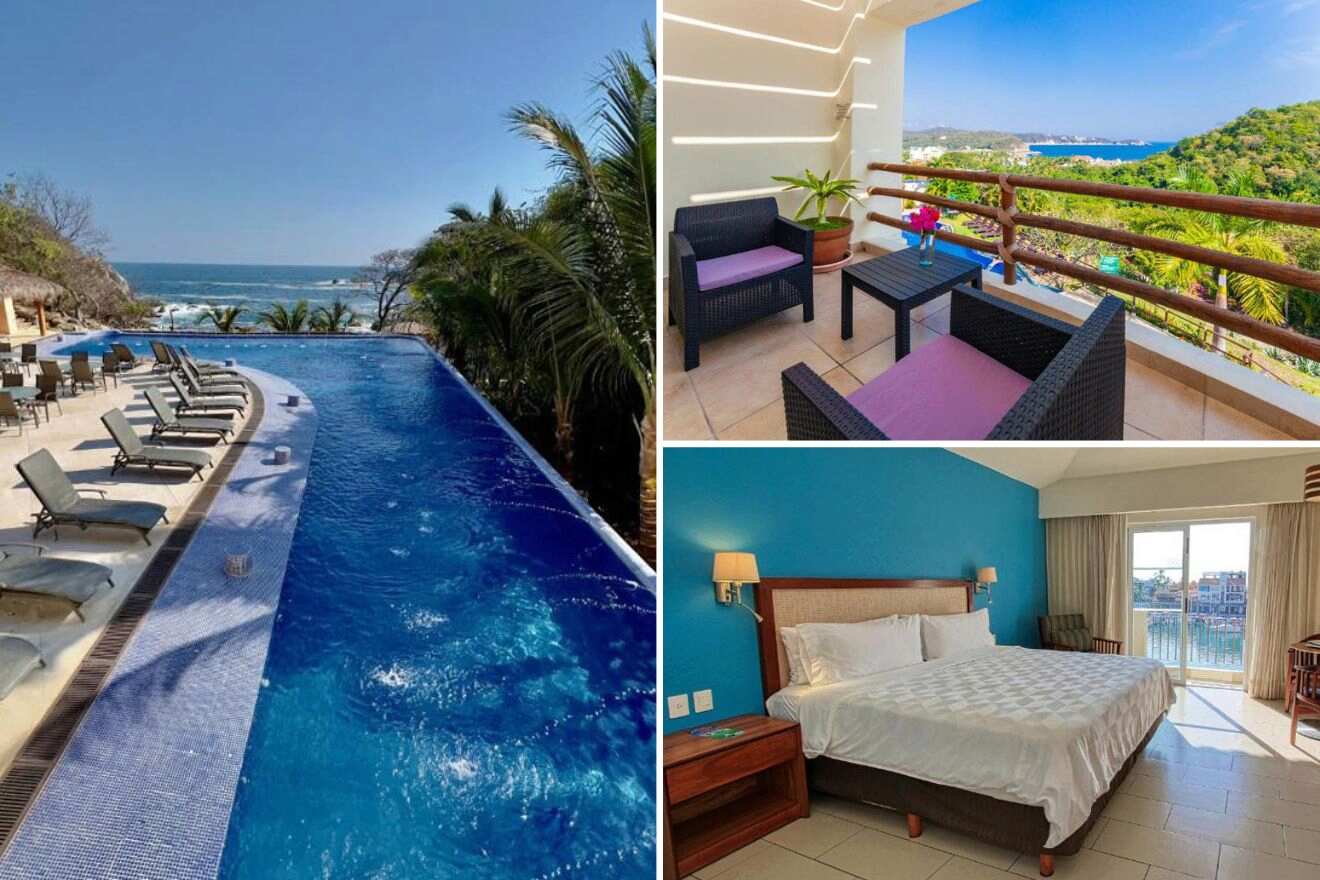 a collage of three photos: outdoor pool, view of the ocean from balcony, and bedroom