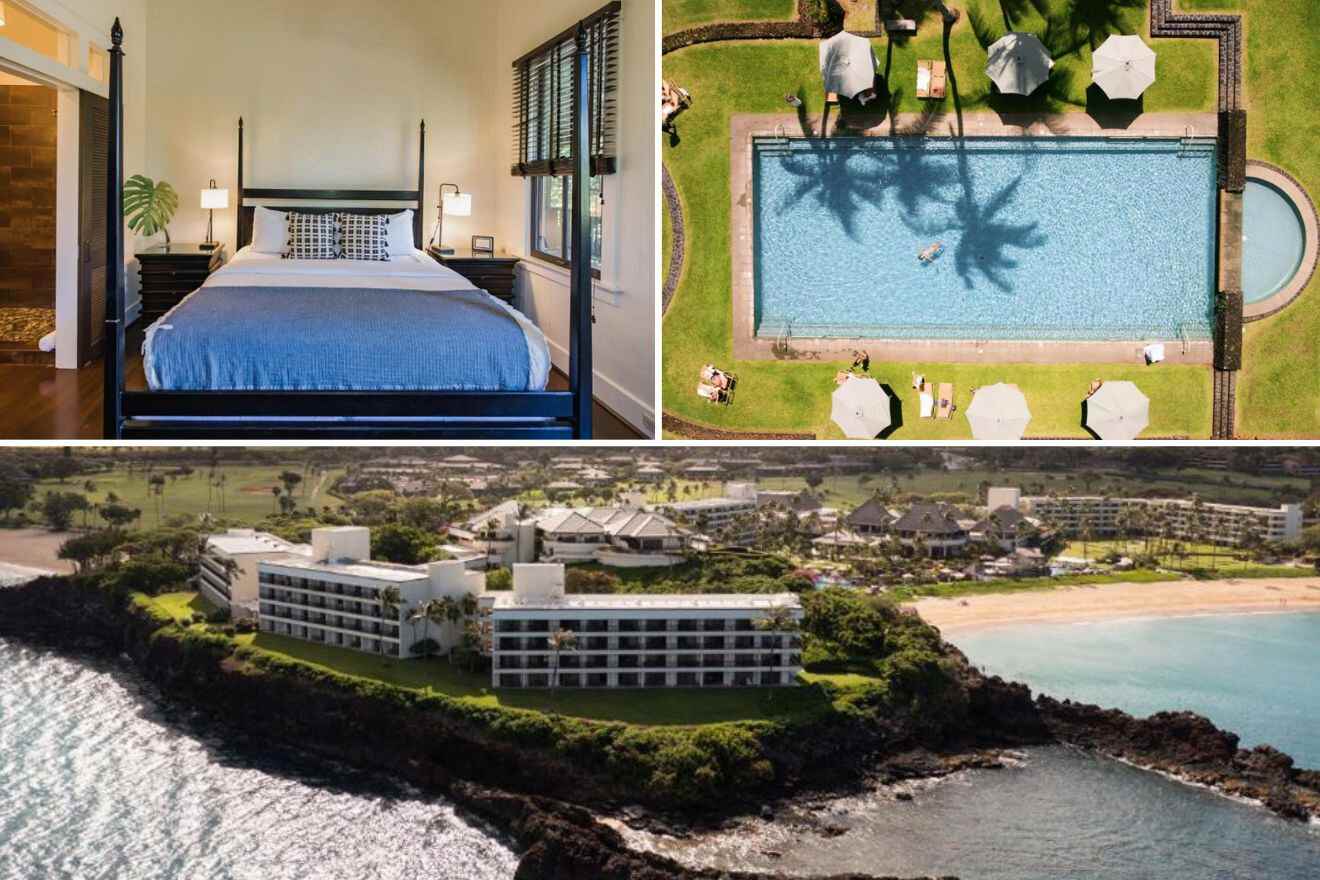 A collage of three photos: bedroom, bird-eye view of outdoor pool, and aerial view of resort