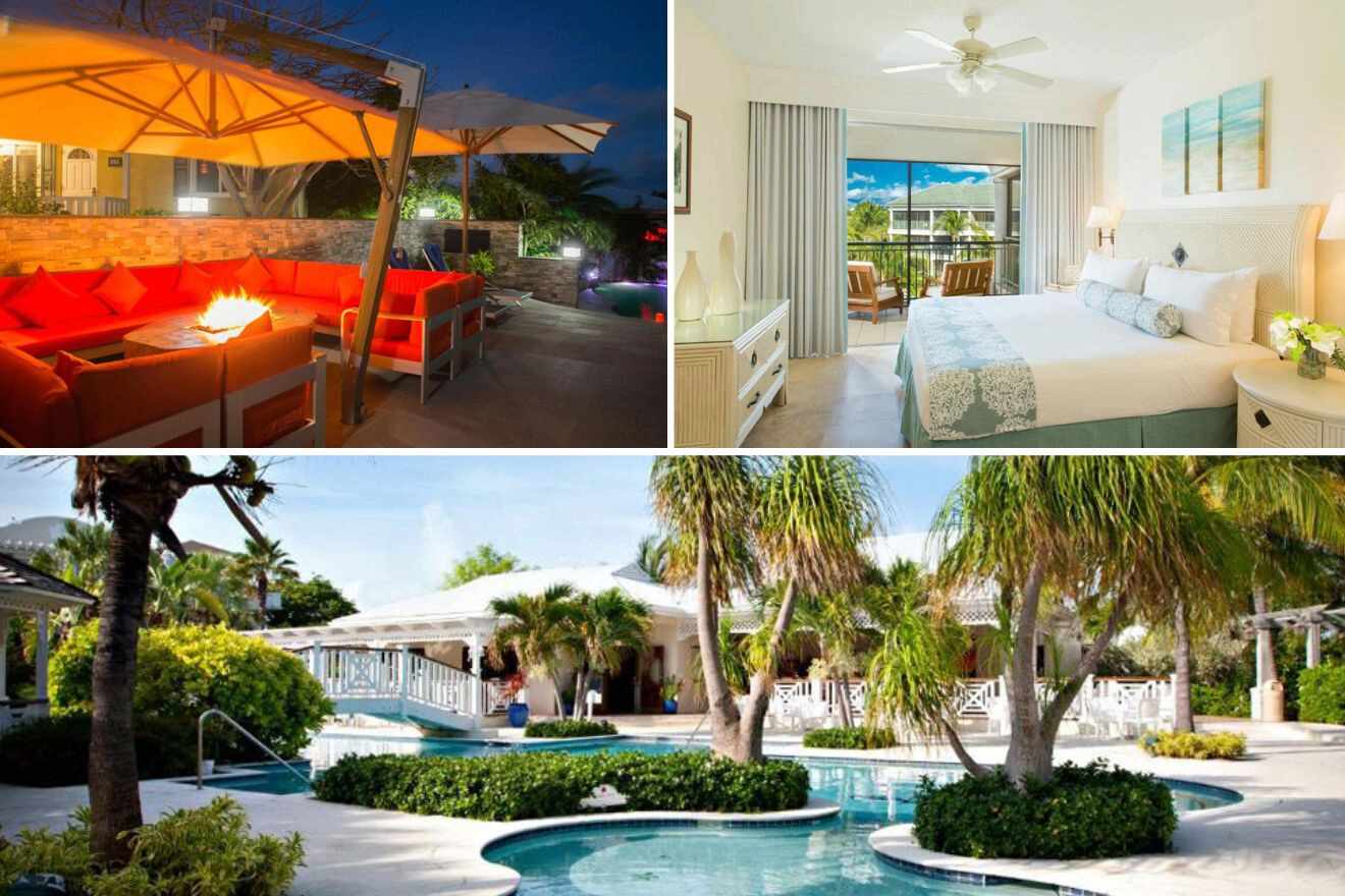 photo collage with swimming pool, outdoor seating area at night and bedroom