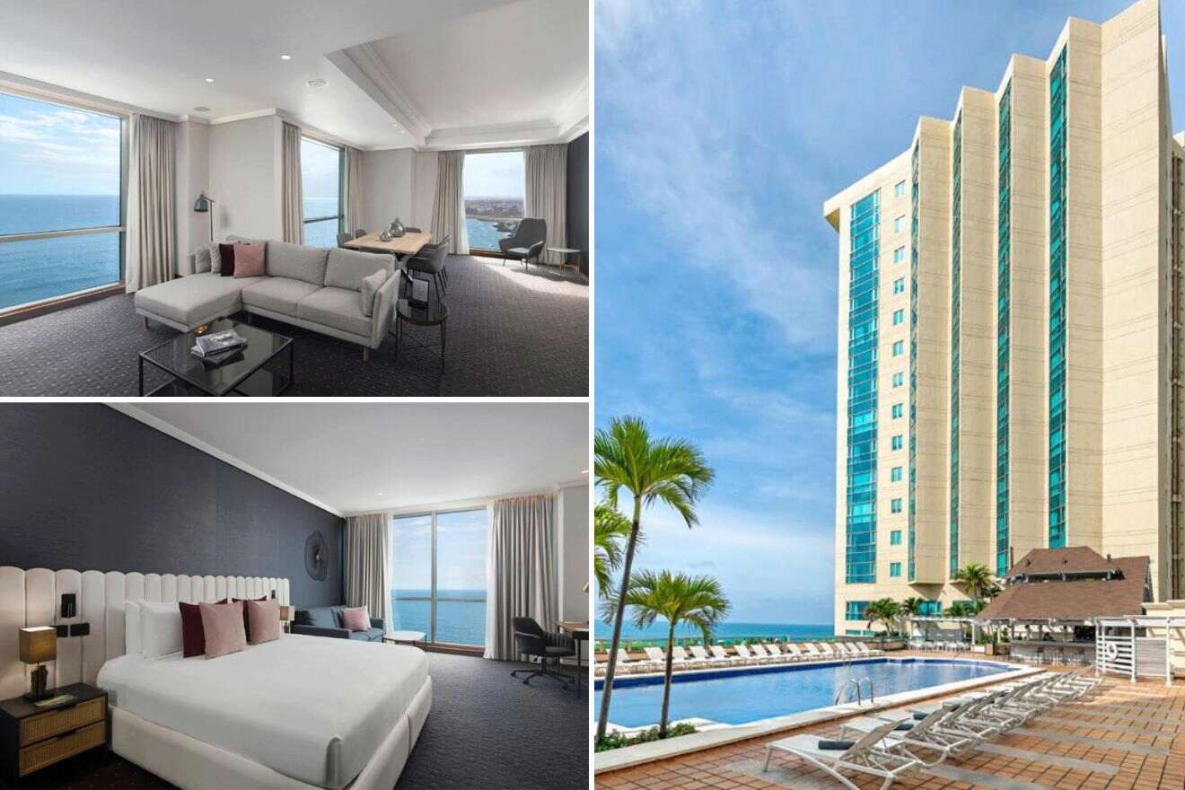 A collage of three photos: living room with a view, bedroom with a view, and view of the exterior of the hotel and the outdoor pool