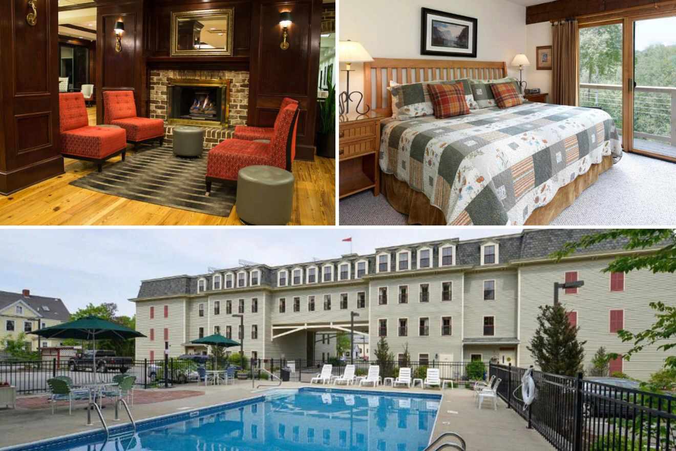 A collage of three photos: lounge area with fireplace, bedroom, and view of the outdoor pool in front of the hotel