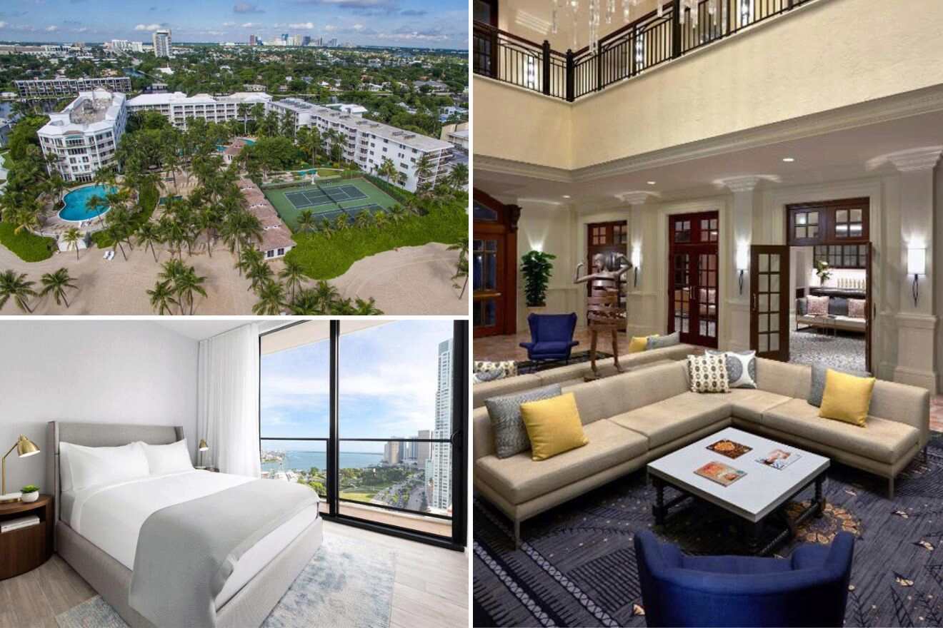 Collage of three hotel pictures: aerial view of hotel exterior, bedroom, and lounge area