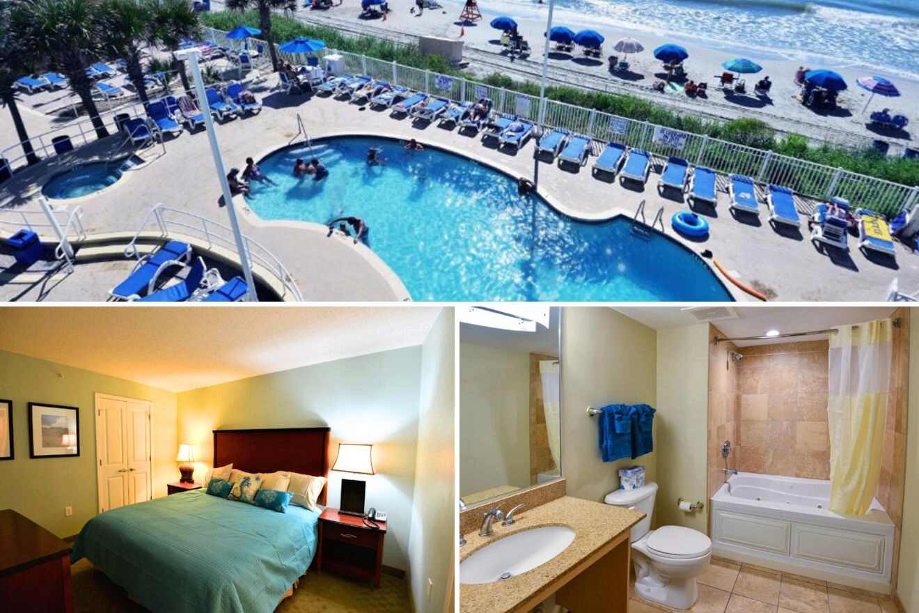 collage of 3 images with aerial view of the swimming pool, bedroom and bathroom