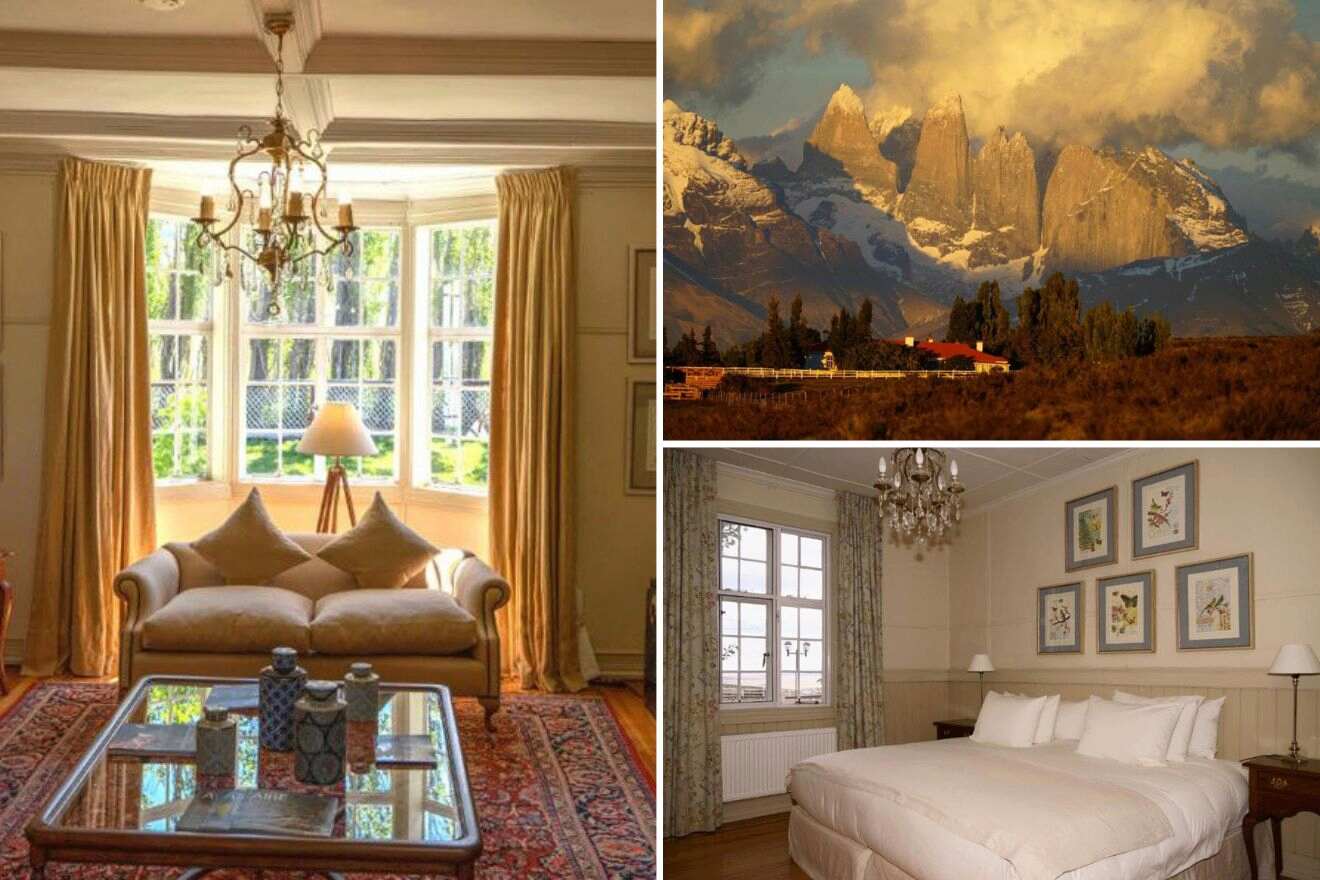 collage of 3 images with the lounge area, a bedroom view from the hotel