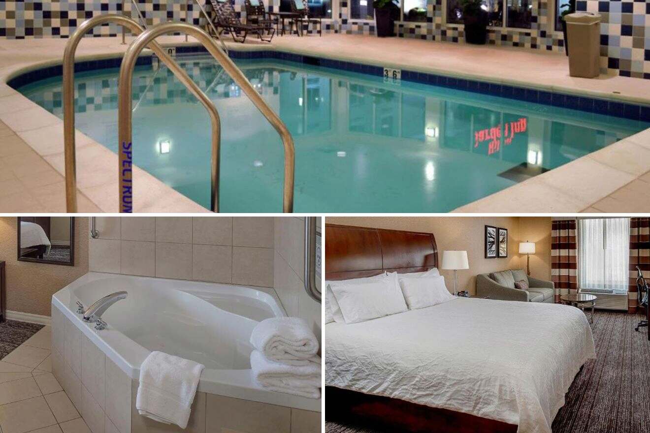 A collage with three photos: indoor pool, jacuzzi in room, and bedroom with sofa