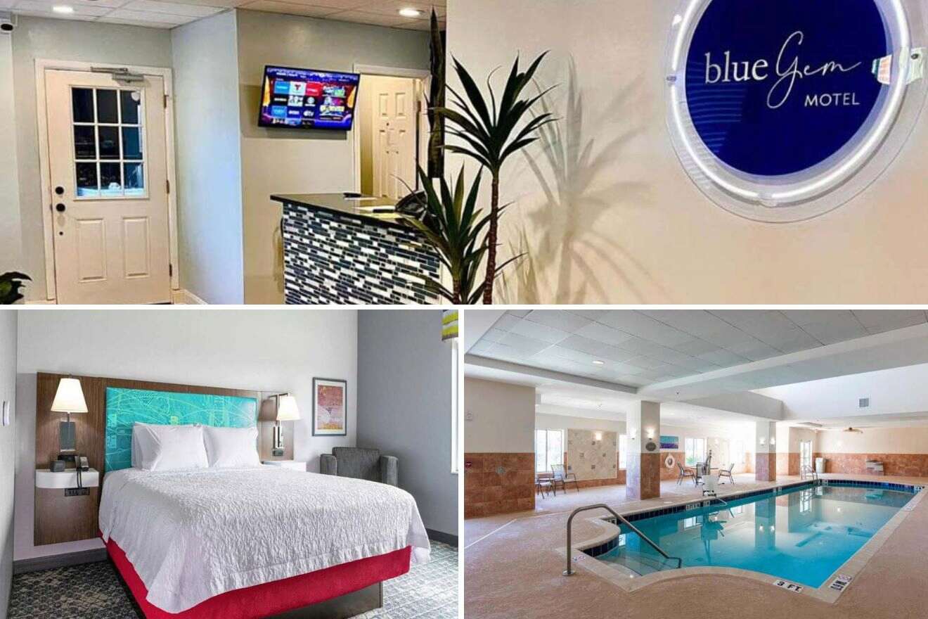 collage of 3 images containing a bedroom, hotel lobby and swimming pool