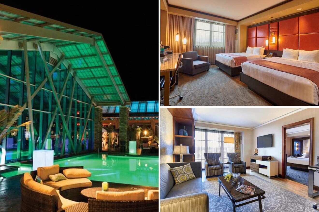 collage of 3 images with a bedroom, lounge and swimming pool area