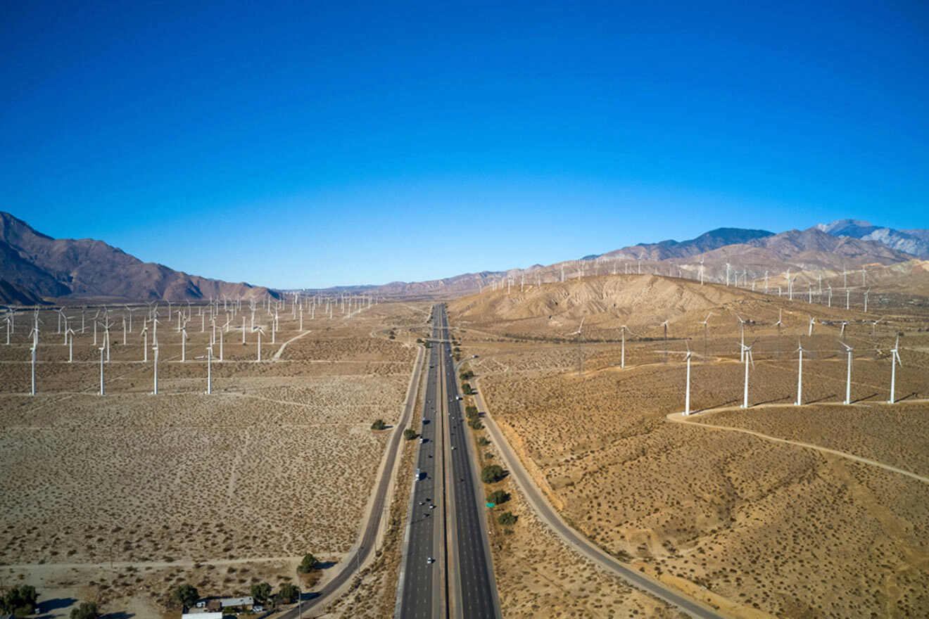 aerial view over windmill farm