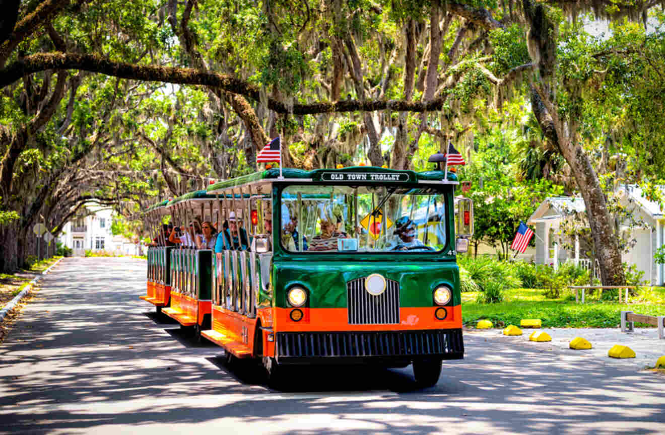 A green and orange trolley bus with passengers drives down a tree-lined street, with American flags displayed on the vehicle.