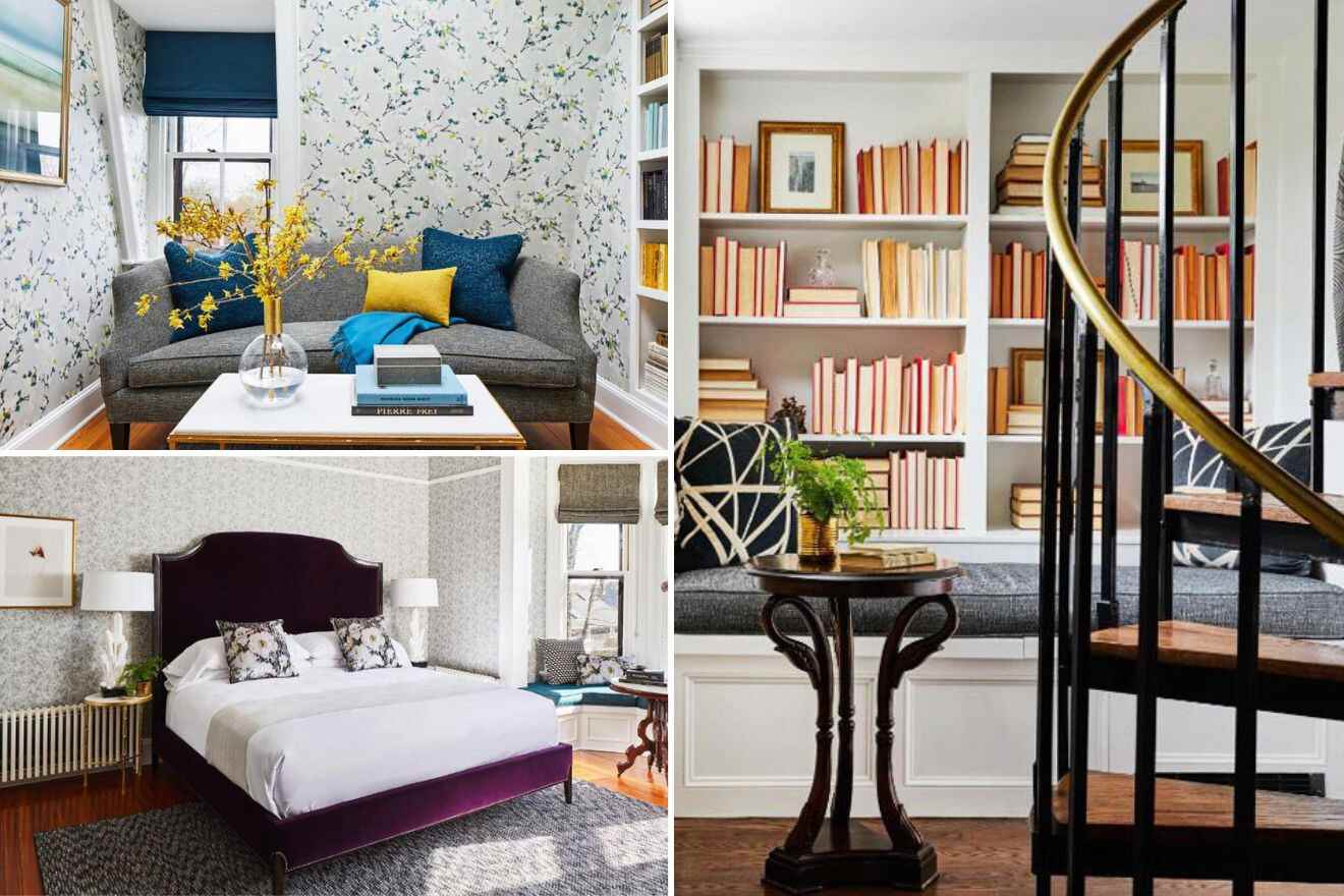 a collage of three photos: living room, bedroom, and room library with staircase