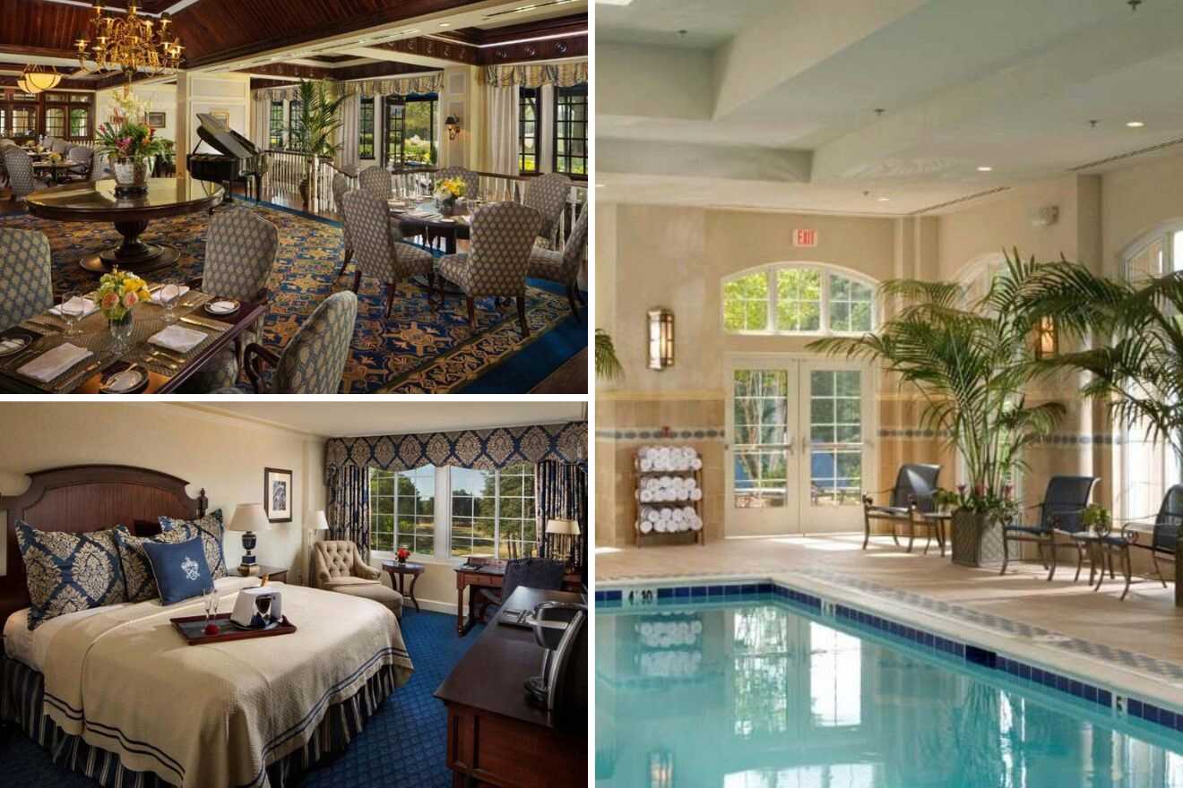 collage of 3 images with bedroom, swimming pool and lounge