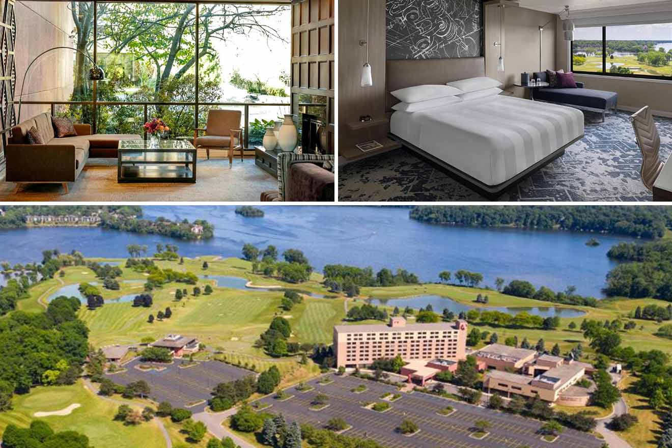 a collage with three photos: living room with big windows, bedroom, and aerial view of a hotel