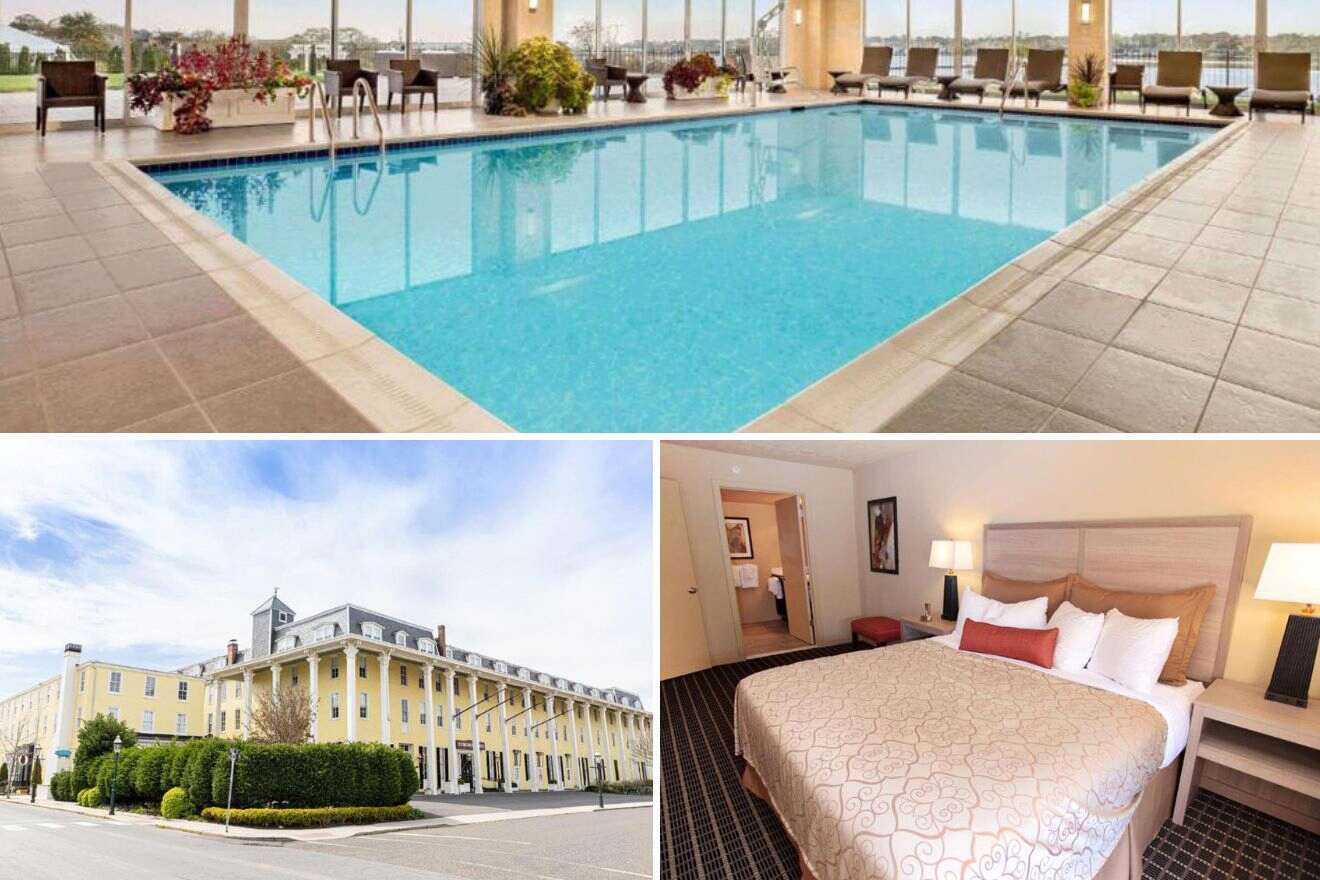 A collage of three photos: indoor pool, view of the exterior of a hotel, and bedroom