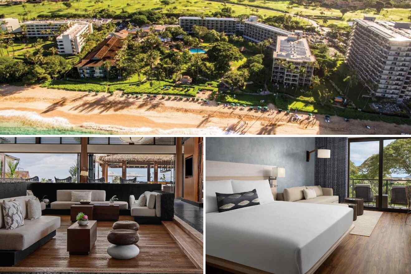 A collage of three photos: aerial view of resort, lounge area, and bedroom
