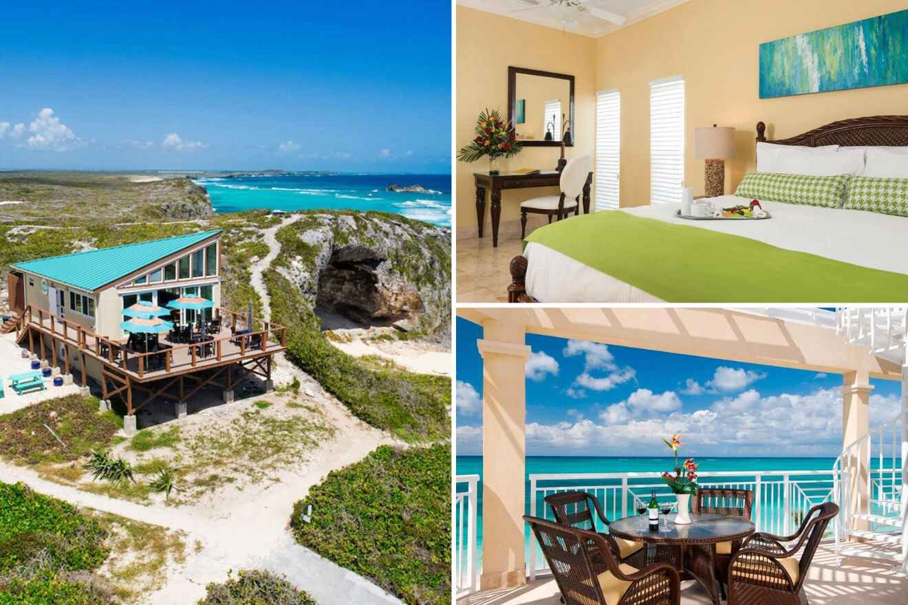 photo collage with aerial view over the resort, terrace overlooking the sea, and bedroom