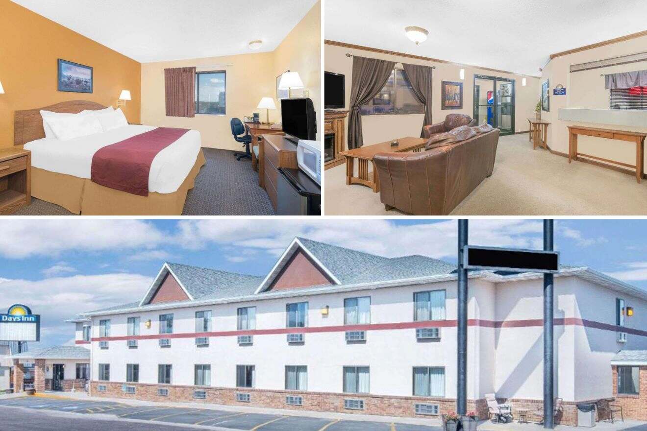 photo collage with hotel building, lounge and bedroom