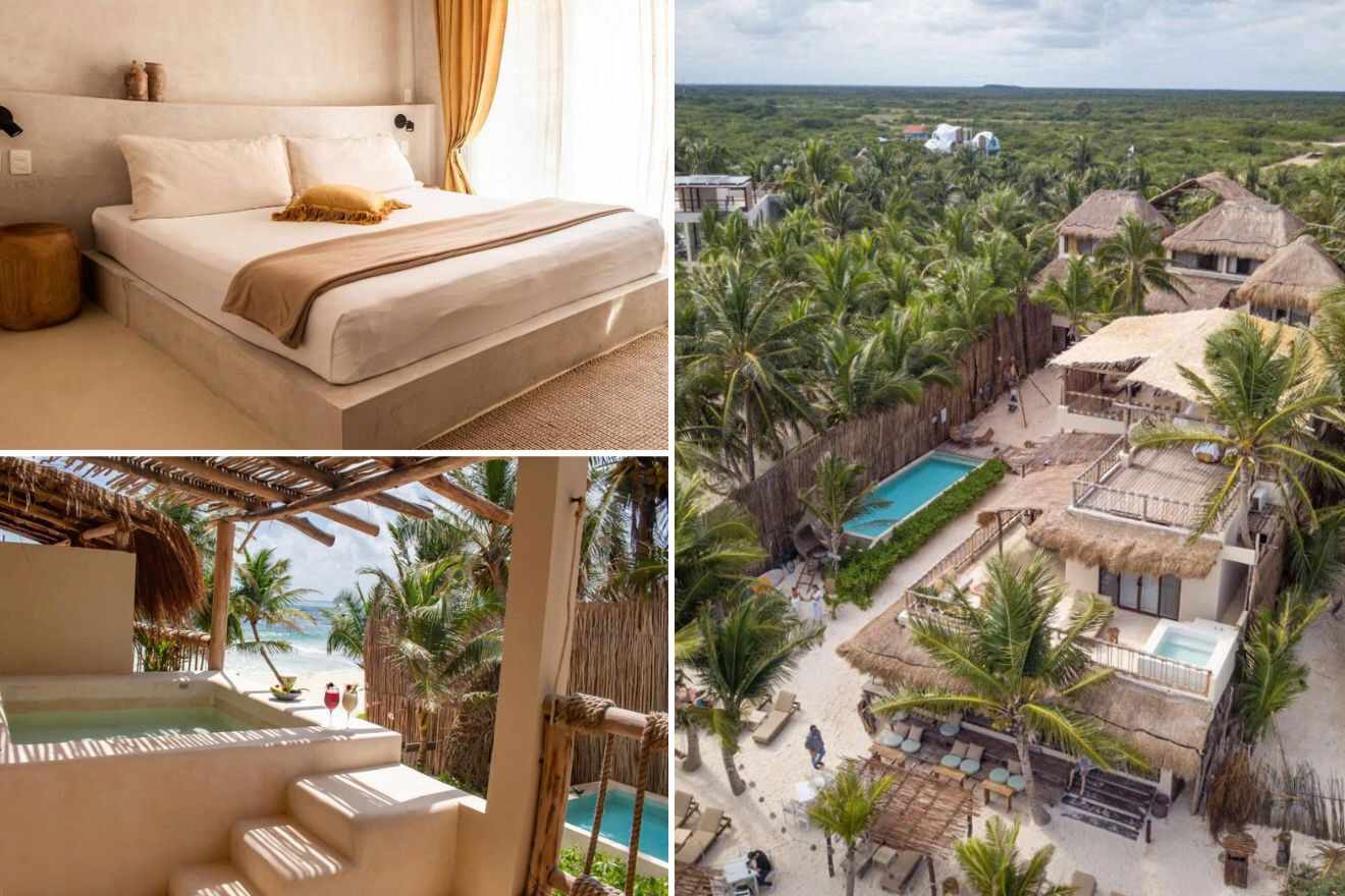a collage of three photos: bedroom, view of the private pool with an ocean view, and aerial view of the hotel