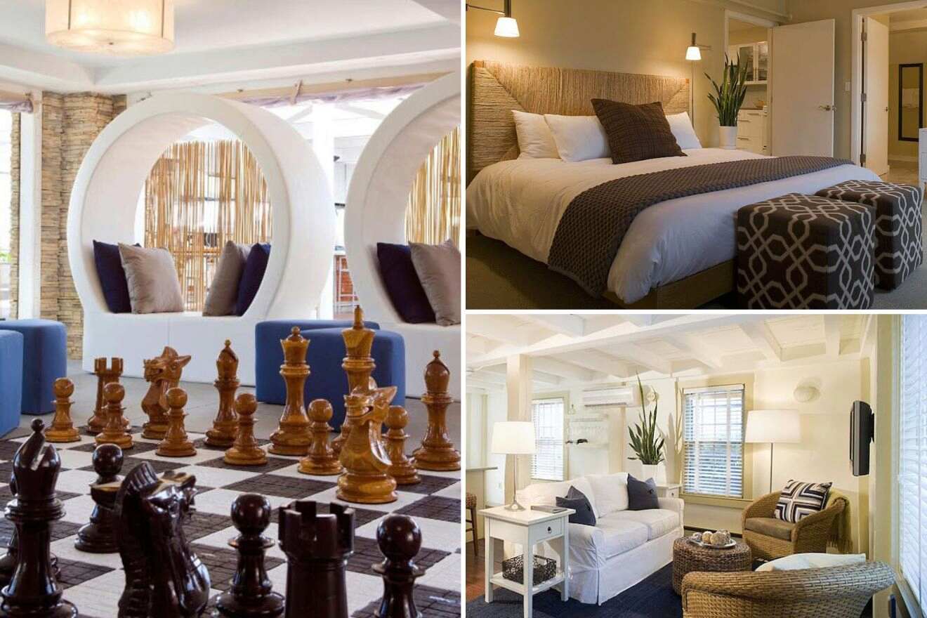 a collage of three photos: big chess board in the hotel lounge area, bedroom, and living room