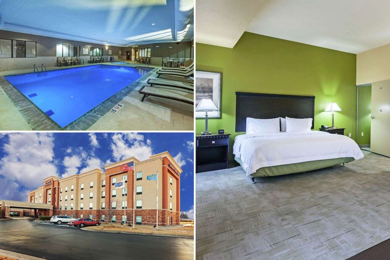 A collage of three photos: indoor pool, view of the hotel exterior, and bedroom