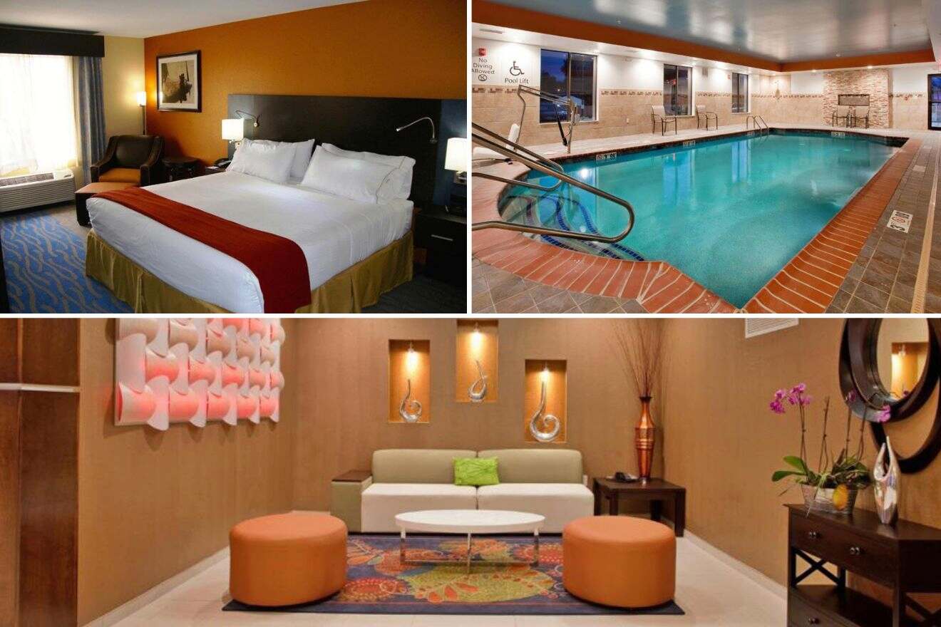A collage with three photos: bedroom, indoor pool, and living room