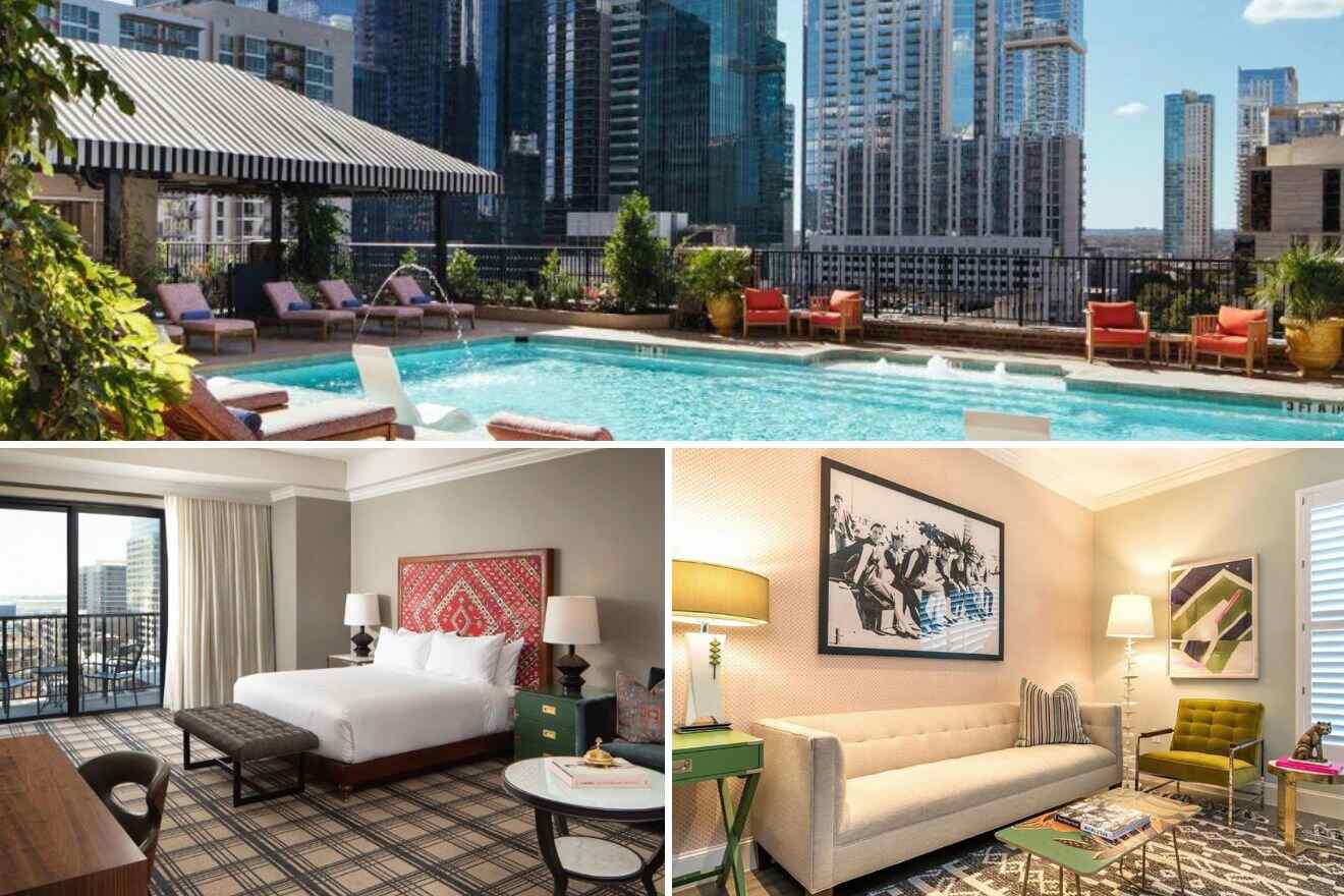 collage of three hotel photos: rooftop swimming pool, bedroom, and living room
