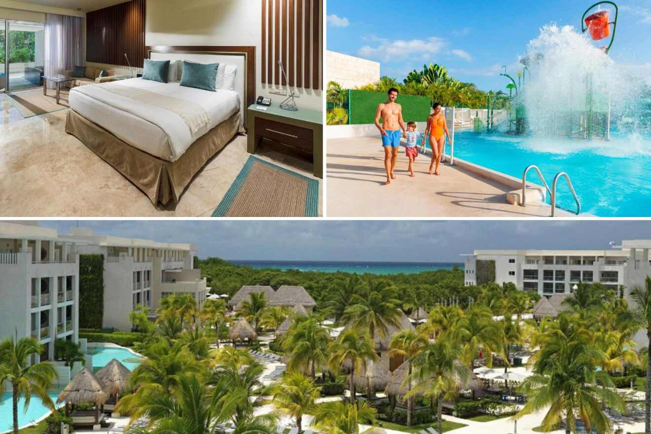 Collage of three hotel pictures: bedroom, view of waterpark, and view of the hotel exterior and outdoor cabanas