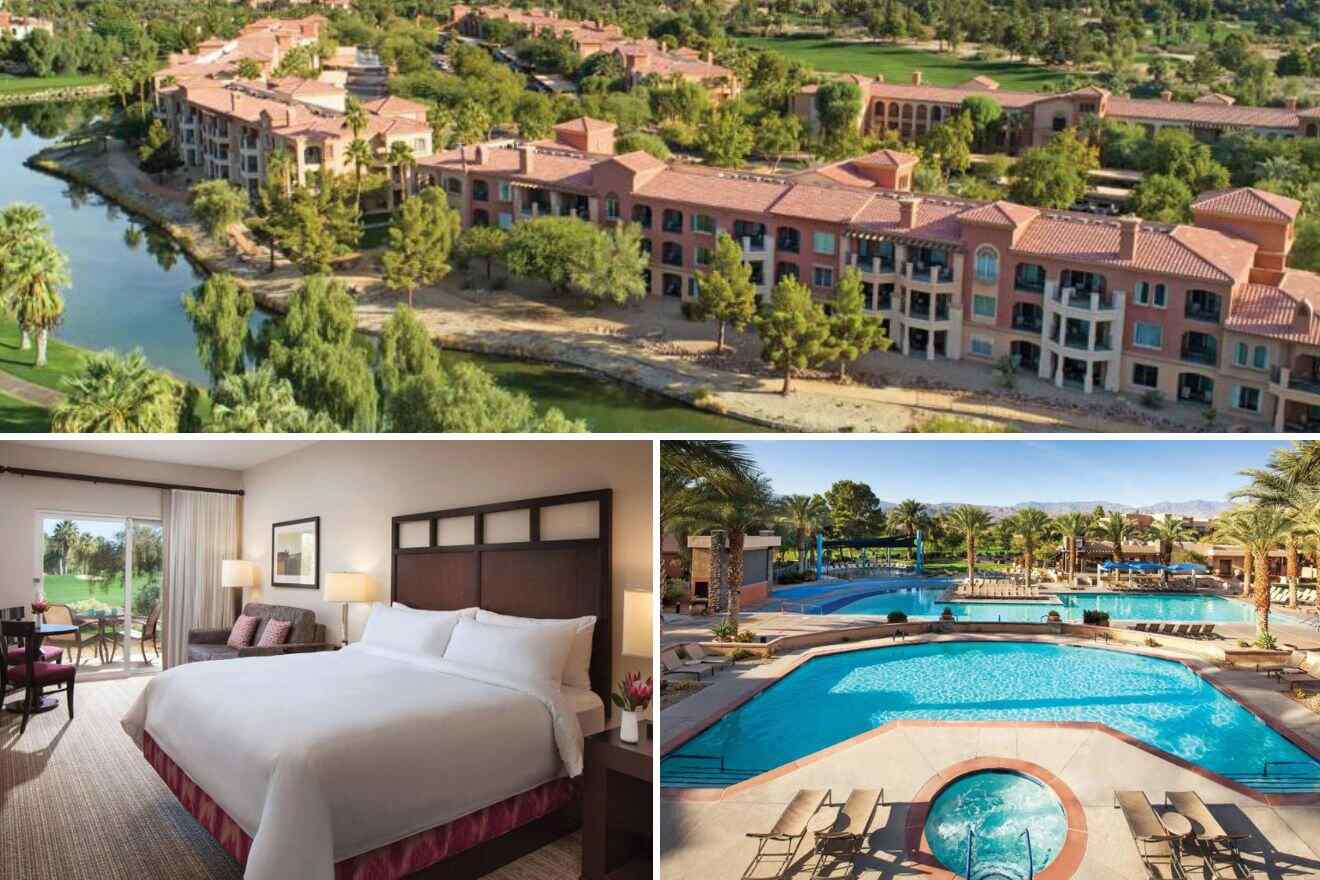 a collage of three photos: aerial view of the exterior of the hotel, bedroom, and outdoor pool