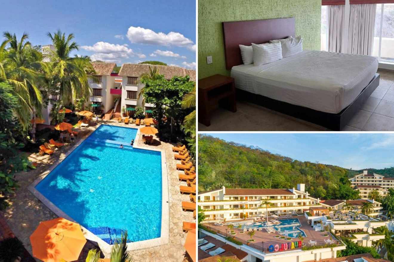 a collage of three photos: outdoor pool bedroom, and aerial view of the hotel