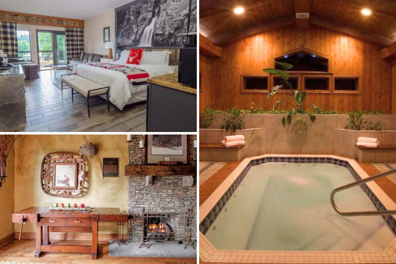 collage of 3 images with bedroom, swimming pool and fireplace area