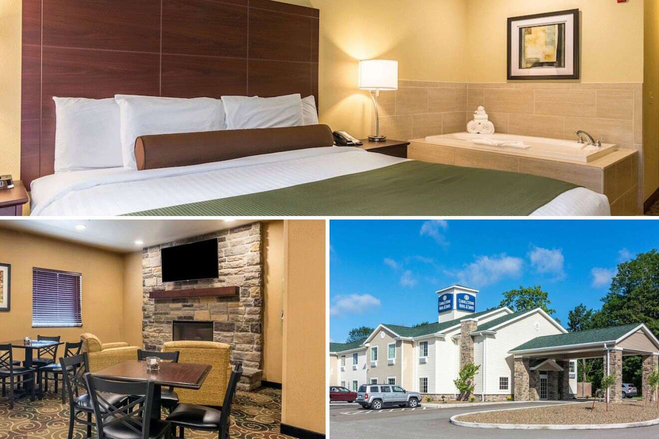 photo collage with hotel building, bedroom with jacuzzi and restaurant area