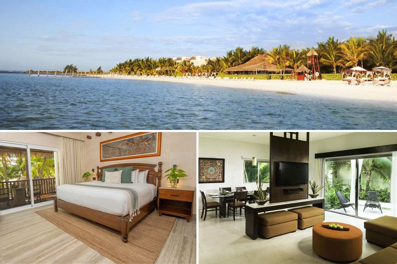 Collage of three hotel pictures: view of the hotel private beach, bedroom, and living room with dining room area