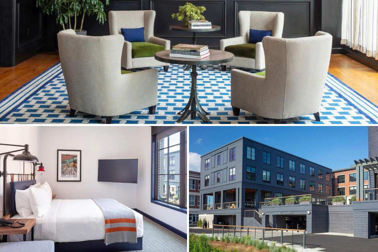 a collage of three photos: lounge area, bedroom, and view of the exterior of the hotel