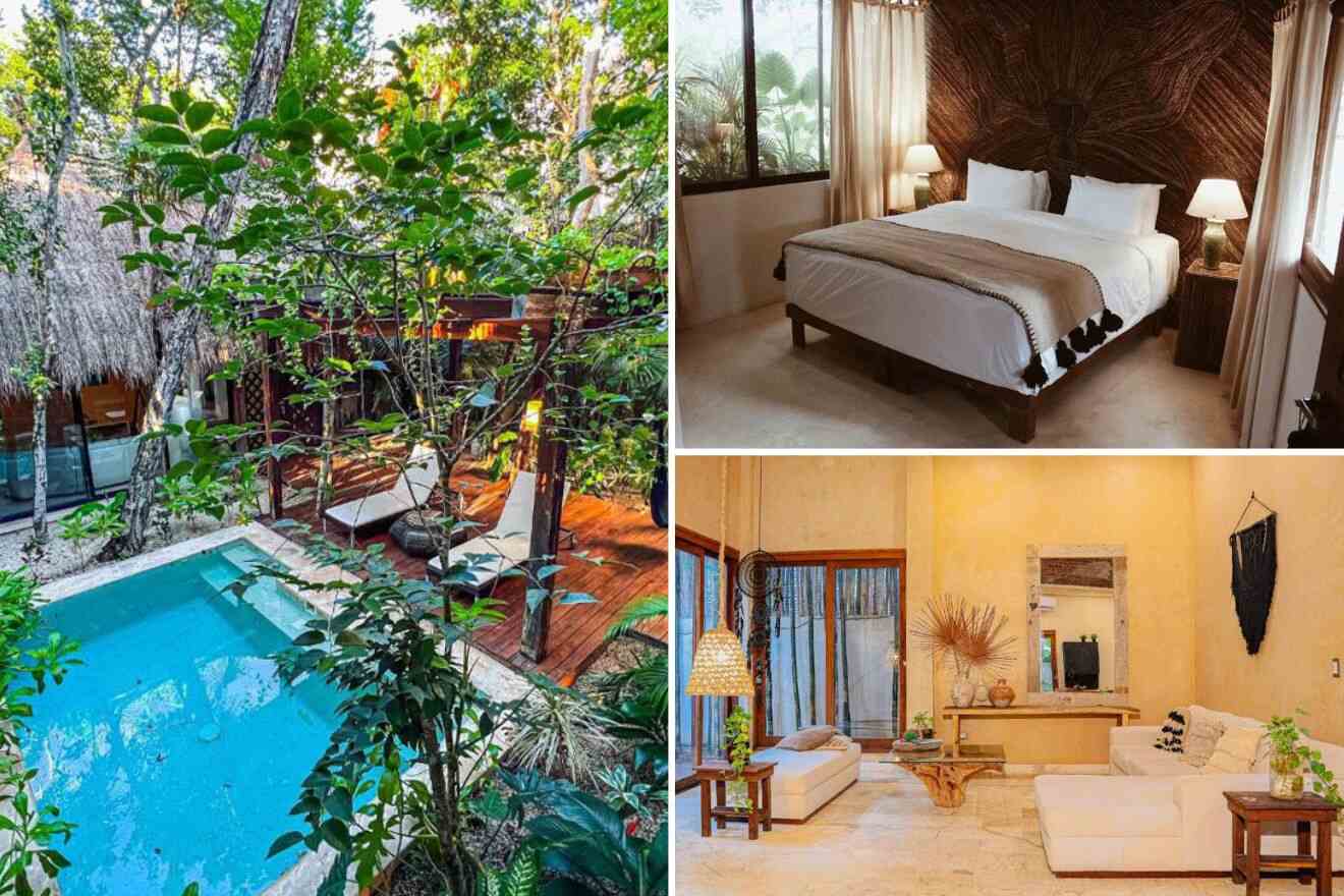 a collage of three photos: view of the private pool, bedroom, and living room