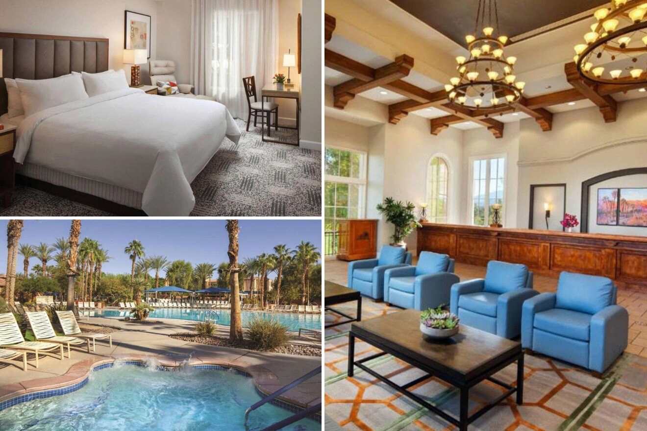 a collage of three photos: bedroom, outdoor pool, and lounge area in the hotel