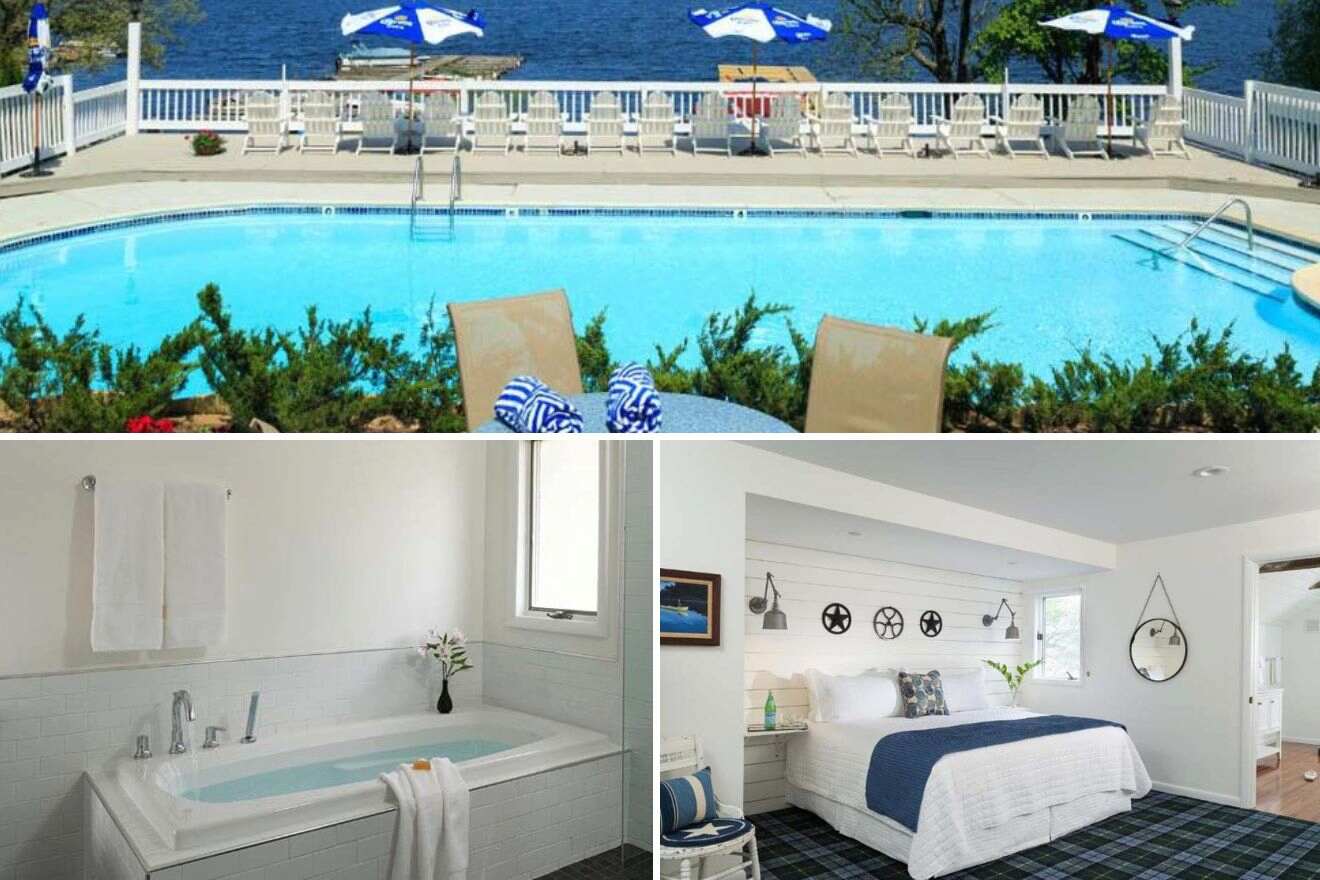 collage of 3 images with a bedroom, bath tub and swimming pool