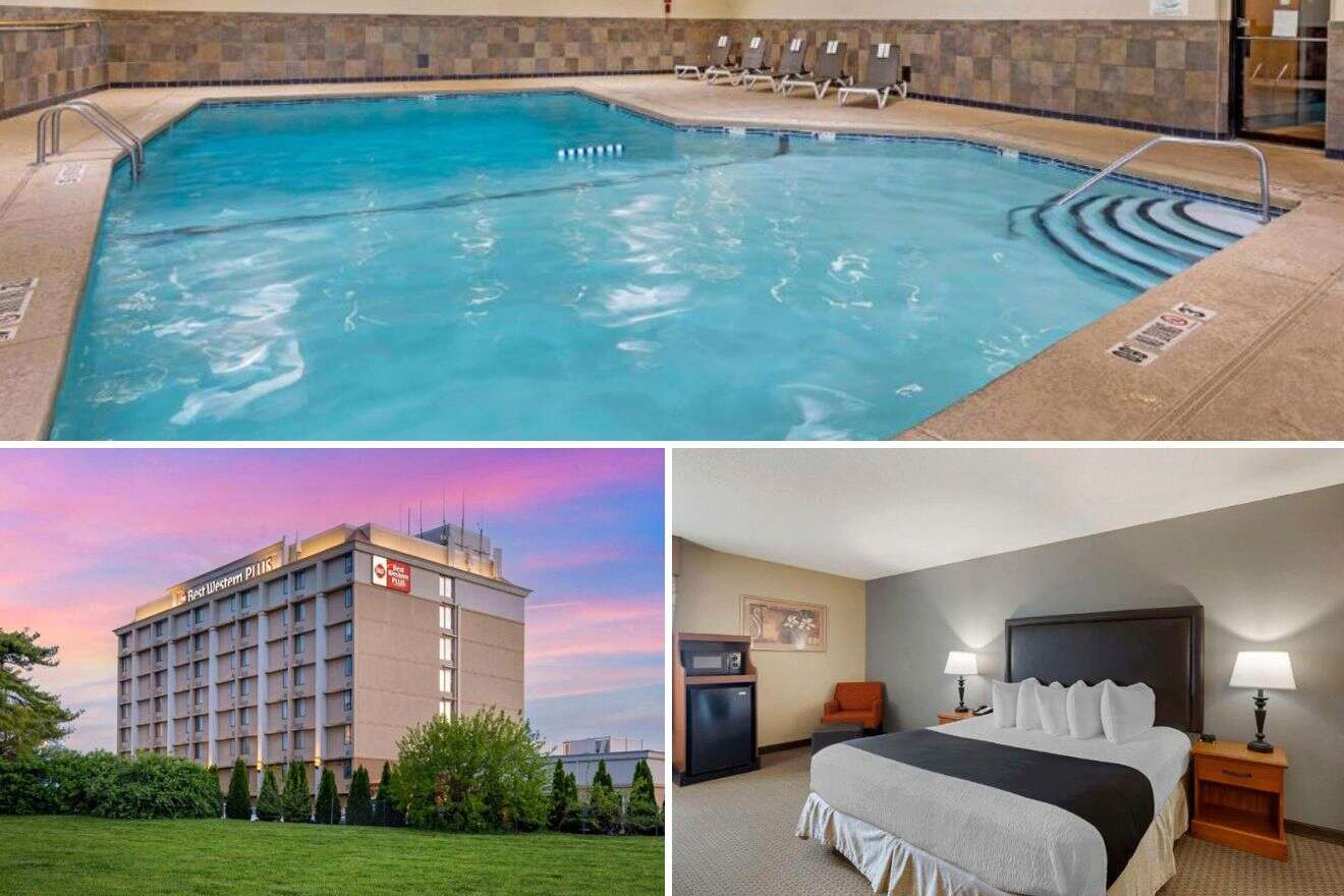 A collage with three photos: indoor pool, view of the exterior of the hotel, and bedroom