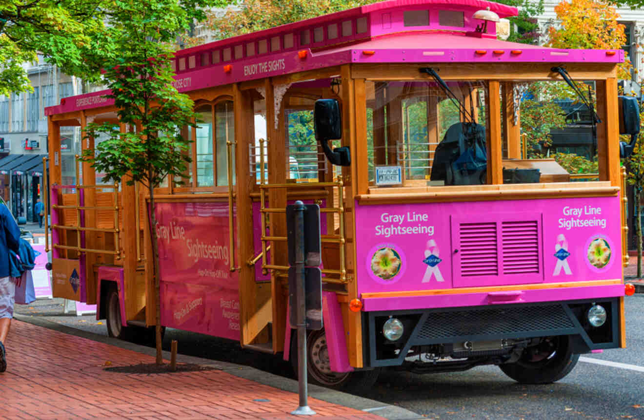 Pink trolley bus in Portland