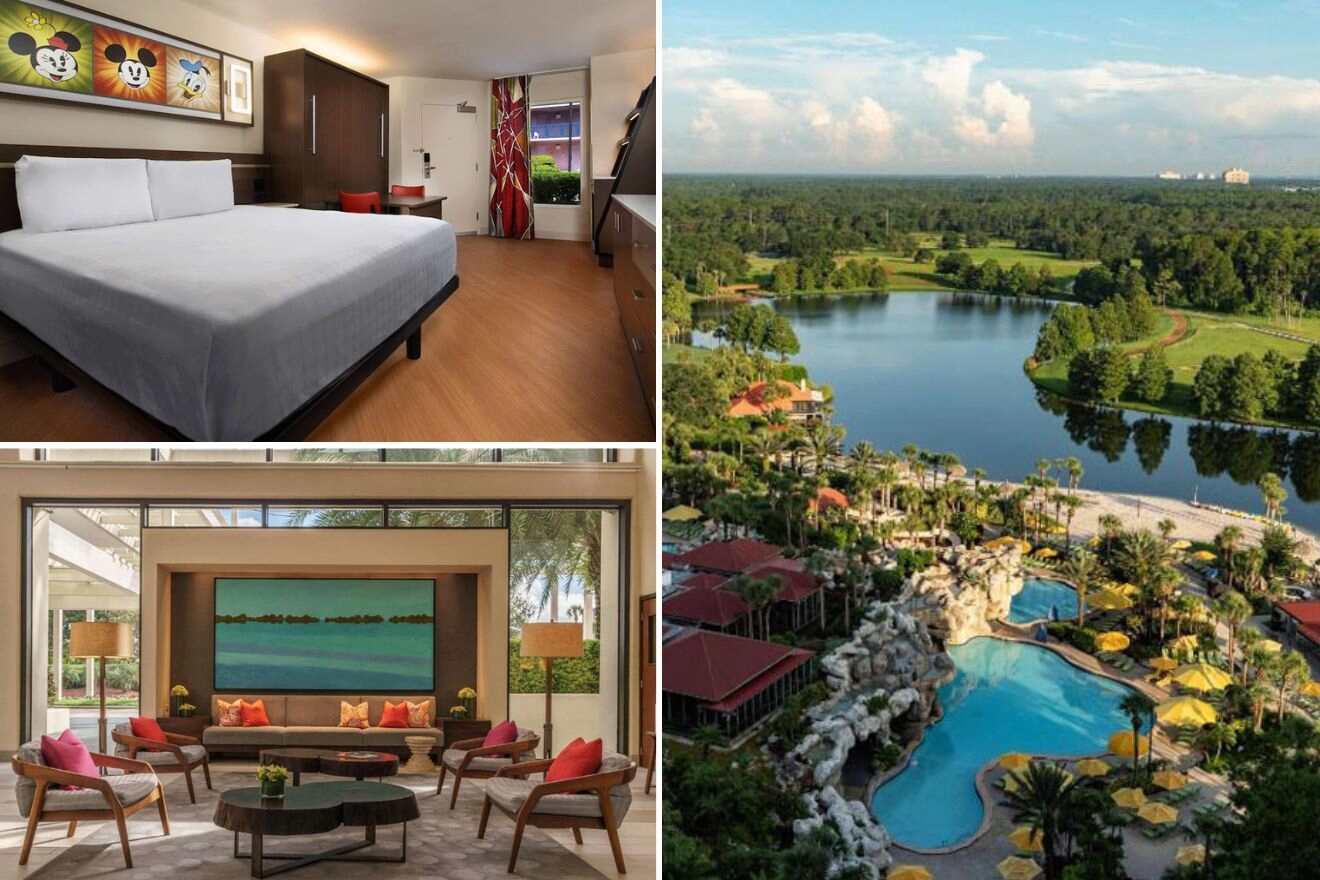 A collage of three photos: bedroom, lounge area with TV, and aerial view of the outdoor pool and a lake