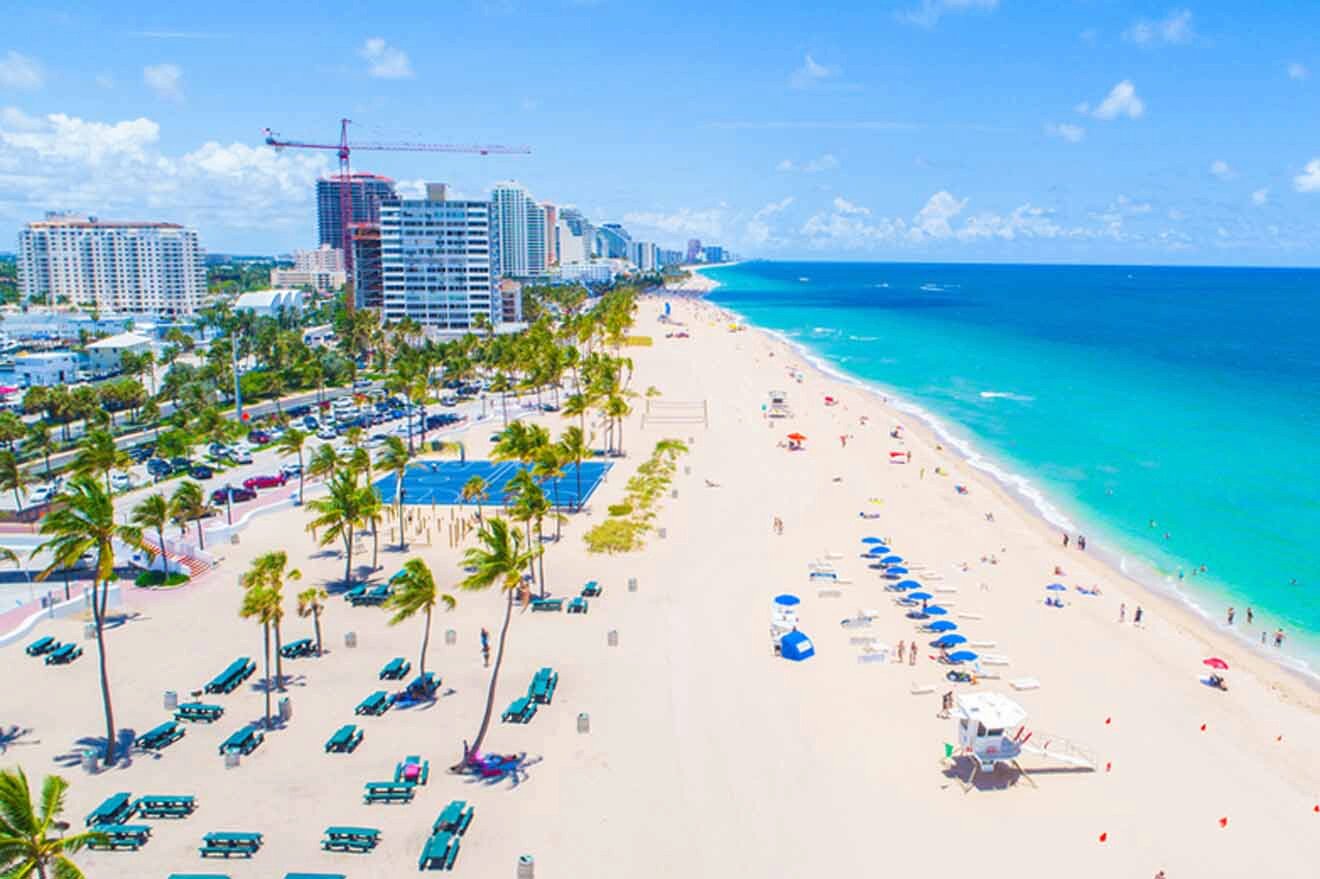 Vibrant beach scene under a clear blue sky, showcasing a long stretch of sandy shore lined with colorful umbrellas and a bustling boardwalk with palm trees