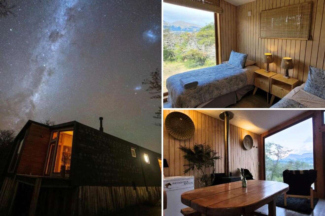 collage of 3 images with a cabin at night with amazing sky, lounge area and a bedroom