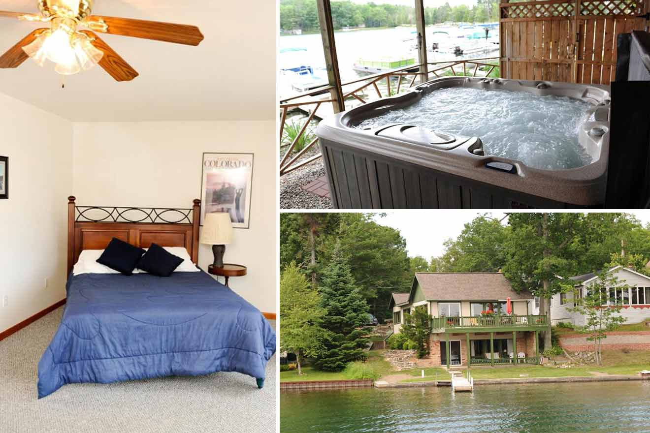 a collage with three photos: bedroom, outdoor jacuzzi, and distant view of a cabin on the water